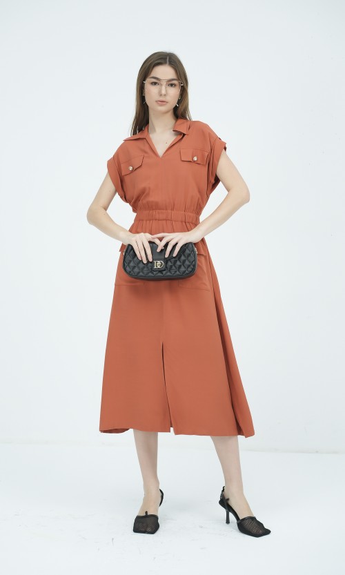 SIXDO G-Ochre Woven Flared Dress for Women